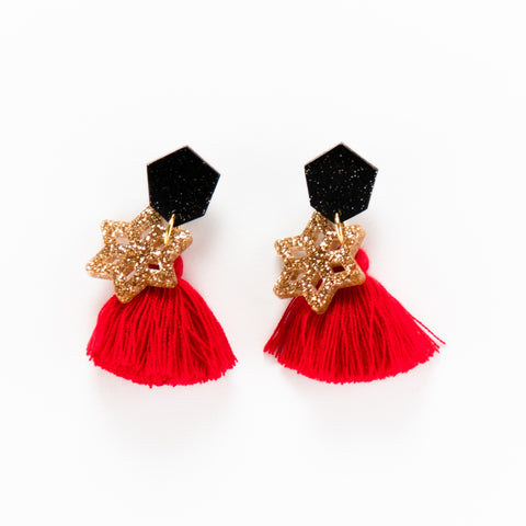 Pine Tassel Earrings in Black/Red