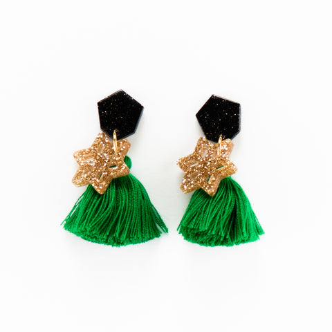 Pine Tassel Earrings in Black/Green