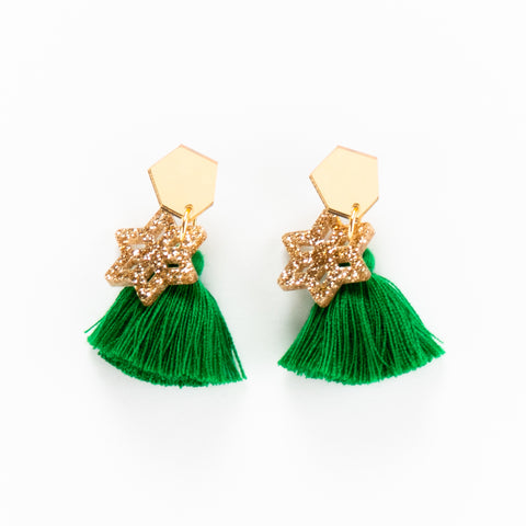 Pine Tassel Earrings in Gold/Green
